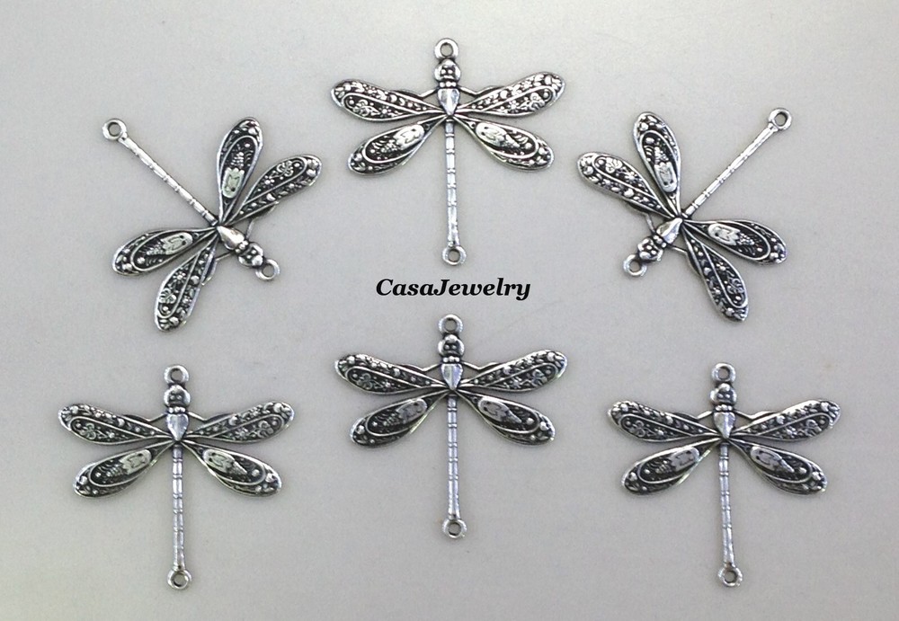 #2001 SM ANTIQUED STERLING SILVER PLATED 2 RING DRAGONFLY CONNECTOR – 6 Pcs