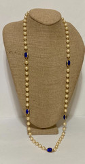 Vintage Faux Pearl Beaded Necklace Bezel Cobalt Blue Cabochon Opera Flapper 42″
