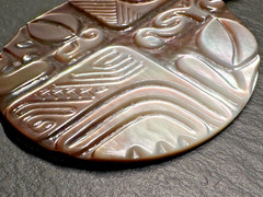 SMOKEY MOTHER OF PEARL OVAL CARVED 2.5″ PENDANT I577