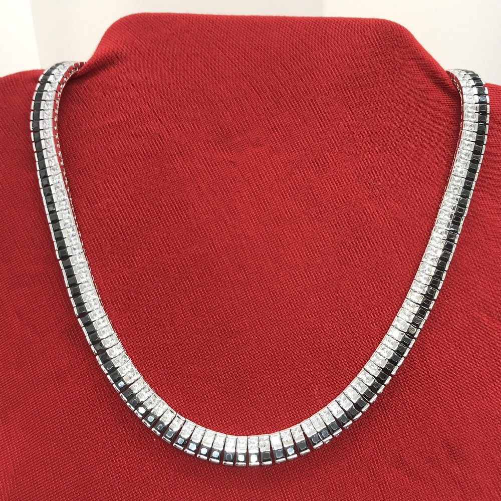 Vintage Signed 925 Sterling Silver Onyx Clear Cubic Zirconia Statement Necklace