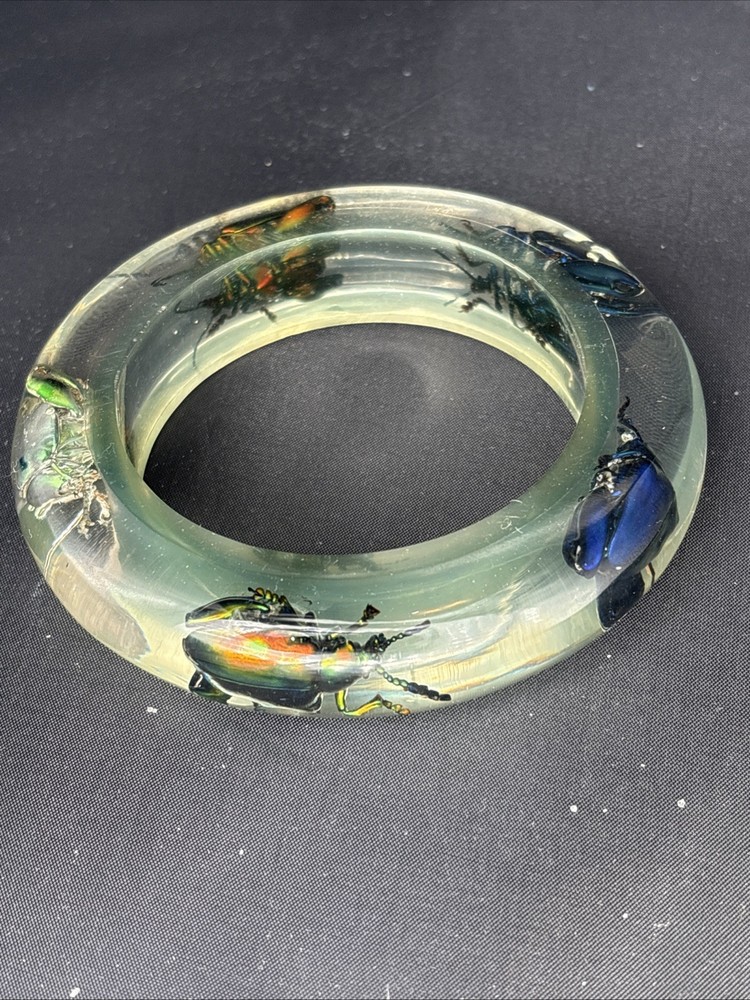 Vtg Metallic Frog Legged Beetle Bracelet Translucent Resin, Med 1960s, NOS (#9)
