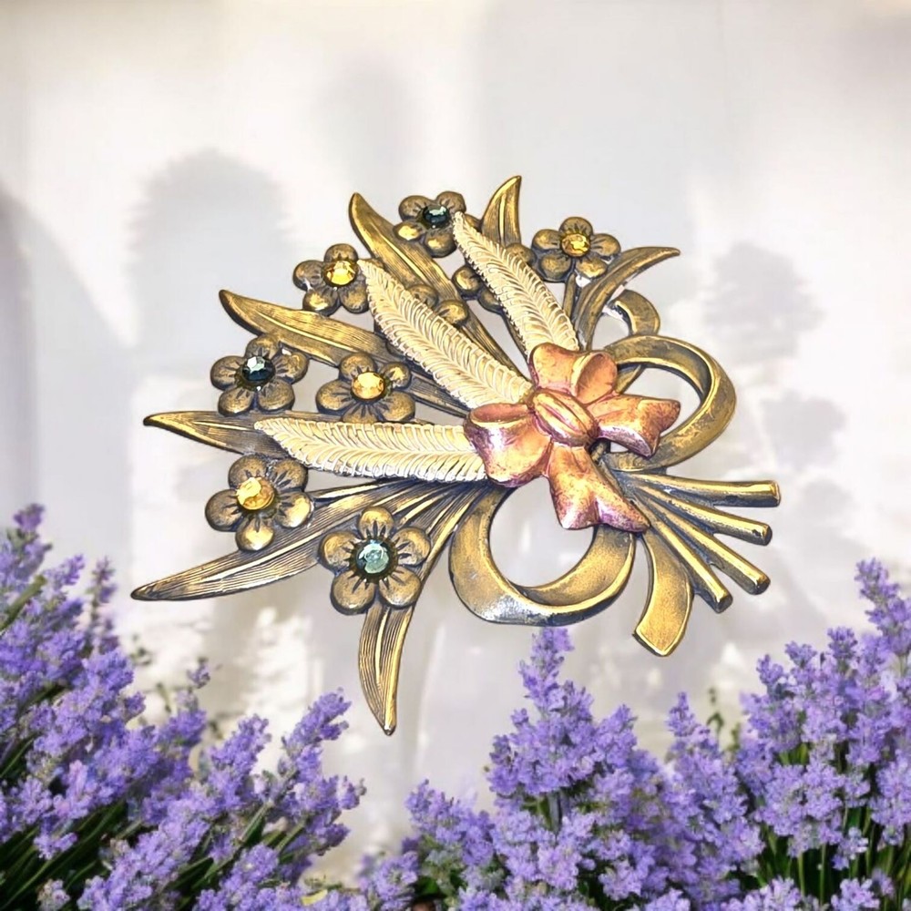Bouquet Brooch Metal Brass Copper Color Multi Color Rhinestones (G110)
