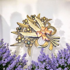 Bouquet Brooch Metal Brass Copper Color Multi Color Rhinestones (G110)