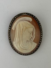 Antique Madonna Cameo Pendant Brooch 900 Silver Marcasite Shell Portrait Signed