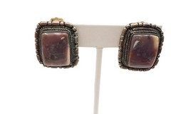Vintage Clip On Earrings Silver Tone Jasper