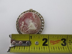 Vintage Woman & Cherub Angels Red Resin Carved Cameo Scenic Round Brooch Pin