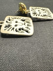 Anne Klein Earrings Gold White Square Lion Head Logo Pierced Dangle Vintage