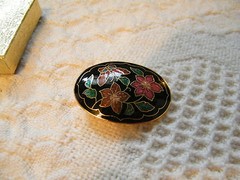 Collectible Gold Tone Clip Colorful Cloissone Floral 1 7/8 x 1 3/8 Inch Unique