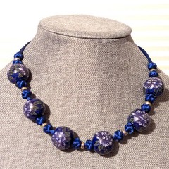 Vintage Stunning Hand Knotted Floral Cloisonne Ceramic Beaded Necklace 16″