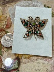 Butterfly Pin, Antique Gold-tone adorned with Faux Coral & Green Cabochons