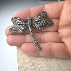 Vintage Luminous Dragonfly Brooch Silver Tone Faux Marcasite Textured Insect Pin