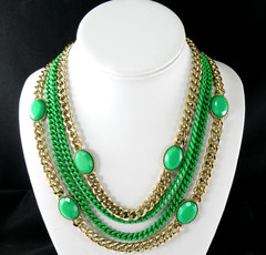 Multi Chain Necklace Gold & Green Enamel Oval Accents Designer Quality