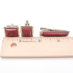 Vintage Silver Tone Red Lucite Horse Head Cufflinks Tie Bar Clip Set Equestrian