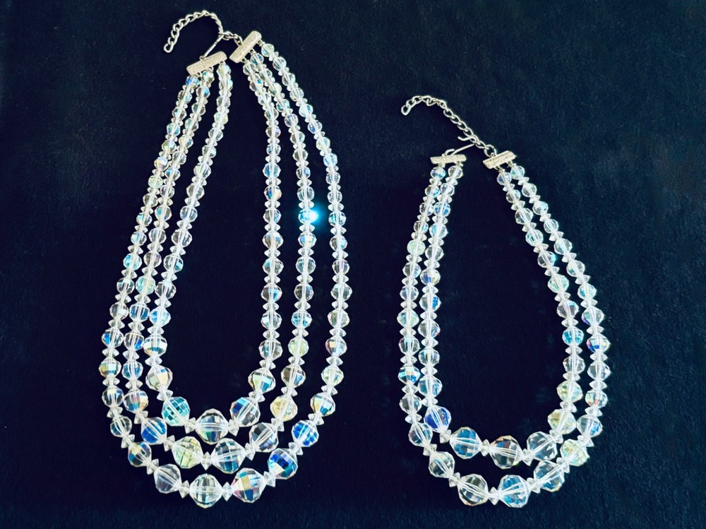LOT of 2 Vintage 2 & 3 Strands 1950’s Aurora Borealis Necklaces – Never Worn!!