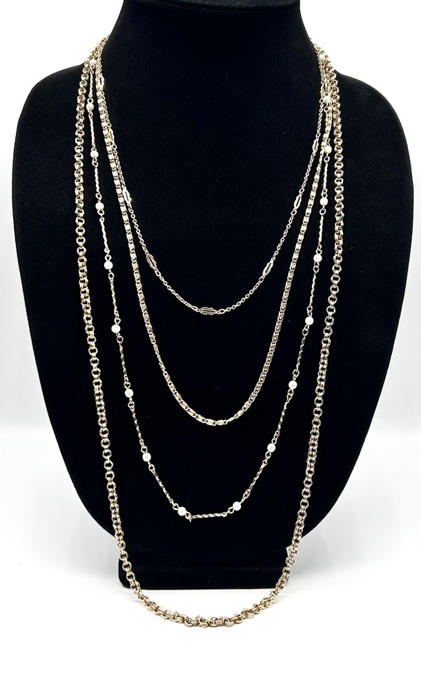 Vtg-Multi-Layer GOLD TONE-Chain NECKLACE-Faux Pearls-LONG LAYERED-Statement