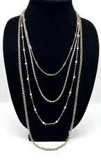 Vtg-Multi-Layer GOLD TONE-Chain NECKLACE-Faux Pearls-LONG LAYERED-Statement