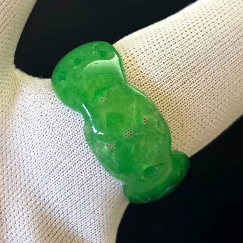 Natural Translucent green Jade Wide-Band Ring Hollow-out, Width 11mm, Size 11.75