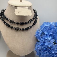 Vintage Black Glass Beaded 30″ Long Necklace Sterling Silver Box Clasp