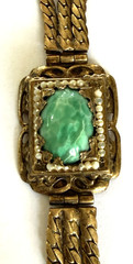 Antique Gold Tone Faux Gem Pearl Cabochon Rhinestone Statement Panel Bracelet