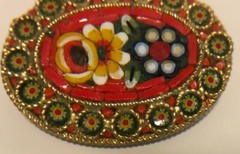 Very Nice Colorful Micro Mosaic Pin, Flowers Leaves Red Green Yellow Blue White