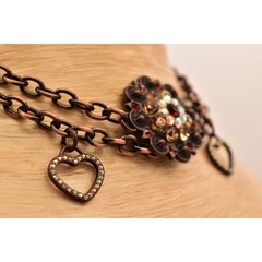 Vintage Crystal Choker Necklace Crystal Heart Flower Charm Copper Tone Y2K BinBE