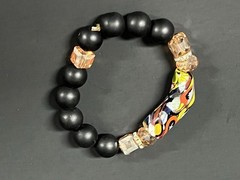 Vintage Carved Black and Multi Color Beads Stretchable Bracelet, Chinese Amulet