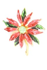 Vintage Large Gold Tone Red Green Christmas Brooch Poinsettia Flower Painted Pin