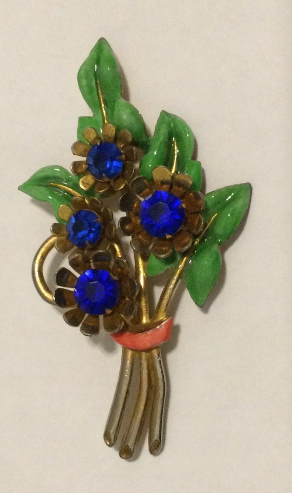 Vintage 1950s Large Flower Brooch. Blue Glass, Multicolor Enamel. 3.5 Inches.