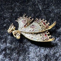 Praying Fairy Brooch Butterfly Wings Red Green White Enamel on Gold Tone Metal