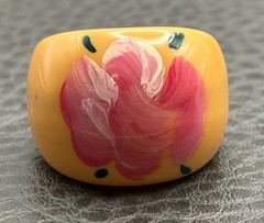 Vintage Bakelite Dome Ring Hand Painted Pink Flower Yellow Cream Statement 5.5