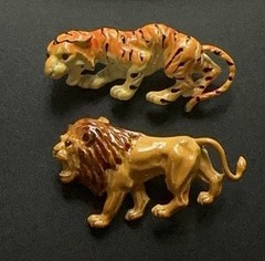 Lind Gal Lion & Tiger Brooches Lot Of 2 Orange Stripes Enamel Figural Pins Vtg