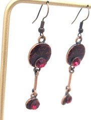 Vintage Copper Red Flower Drop Dangle Jewelry Necklace Matching Set Rhinestone
