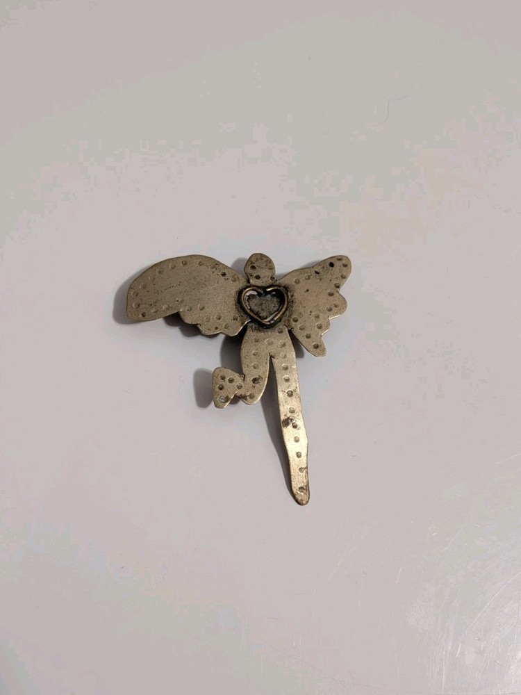 Vtg Brass Tone Fairy Angel W/ Heart Pin Brooch Mystical Pixy Unmarked