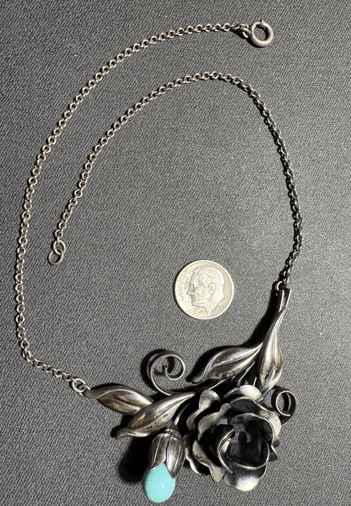Vintage Sterling Silver 3 D Rose Flower Necklace 26g