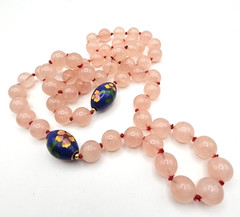 VINTAGE Rose Quartz Bead Necklace Pink Cloisonne Floral Spacer Knotted 32in
