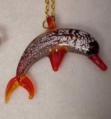 Glass Dolphin & Earrings On 18 inch, 2mm Chain Vintage