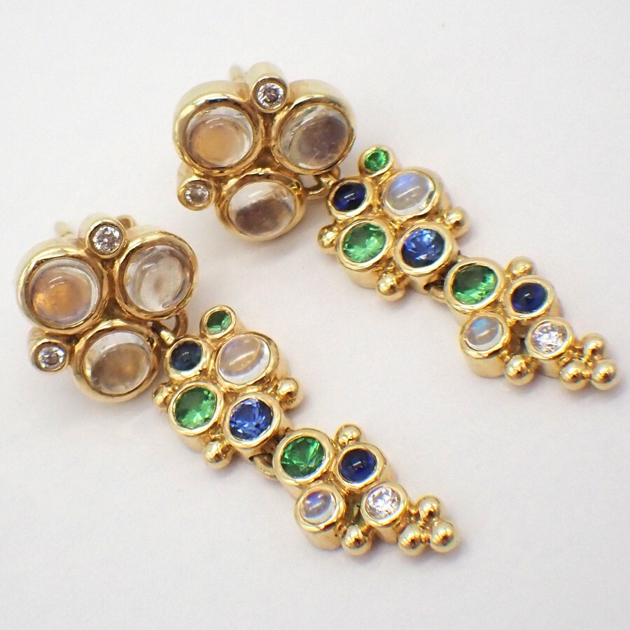 Temple St Clair Drop Earrings Moonstone Tourmaline Diamond 18K Gold