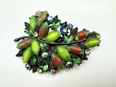 Vintage Arthur Pepper ART Green Givre Glass Cabochons AB Rhinestones Leaf Brooch
