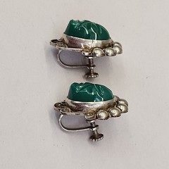 Vintage Tribal Mask Earrings Mexico Screw Back Green Onyx Stone 1″