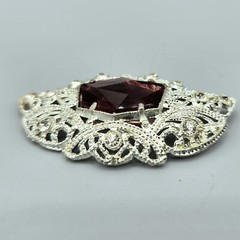 Art Deco Little Nemo L/M Signed Purple Hexagon Glass & Paste Pot Metal Brooch