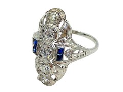 Belais 1.5cttw Diamond Blue Sapphire 18k Gold Shield Ring Antique Art Deco 1920s