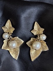 Vintage Ivy Leaves & Faux Pearls Stud Earring Stylized Drop Dangle Earrings