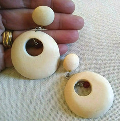 Vintage off white wood and amber glass bead pierced statement dangle earrings