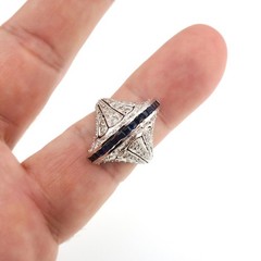 Vintage Edwardian Platinum Egyptian Revival Blue Sapphire Diamond Filigree Ring