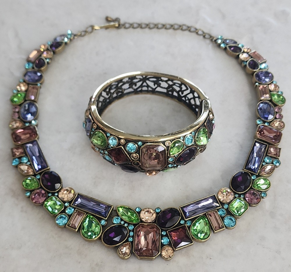JTV Jewel Tone Rhinestone Statement Bib Necklace and Cuff Bracelet