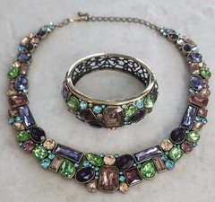 JTV Jewel Tone Rhinestone Statement Bib Necklace and Cuff Bracelet