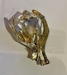 Vintage Jeweled Hand Brooch Unsigned Coro ? Red / Clear Rhinestones