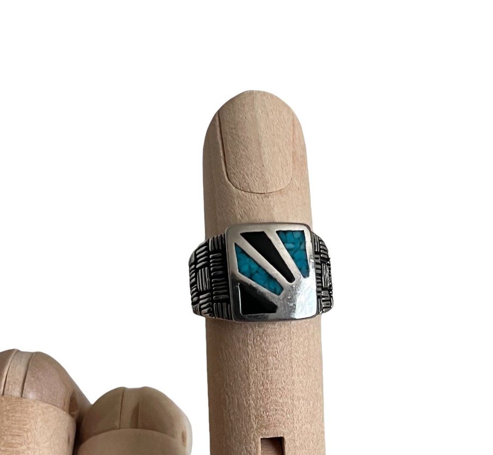 Vtg COP 94 Castings on Parade Turquoise Onyx Inlay Ingot Sun Ring Southwest 5.25