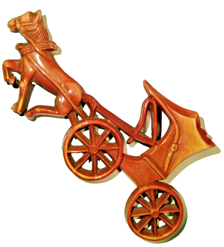 1942 Pat. # 133919 Signed Celluloid Horse & Buggy Brooch Uncas MFG Co.