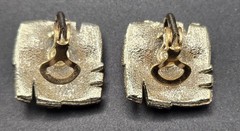 Vintage Modernist Textured Gold Tone Square ClipOn Earrings Clear Crystals 80s